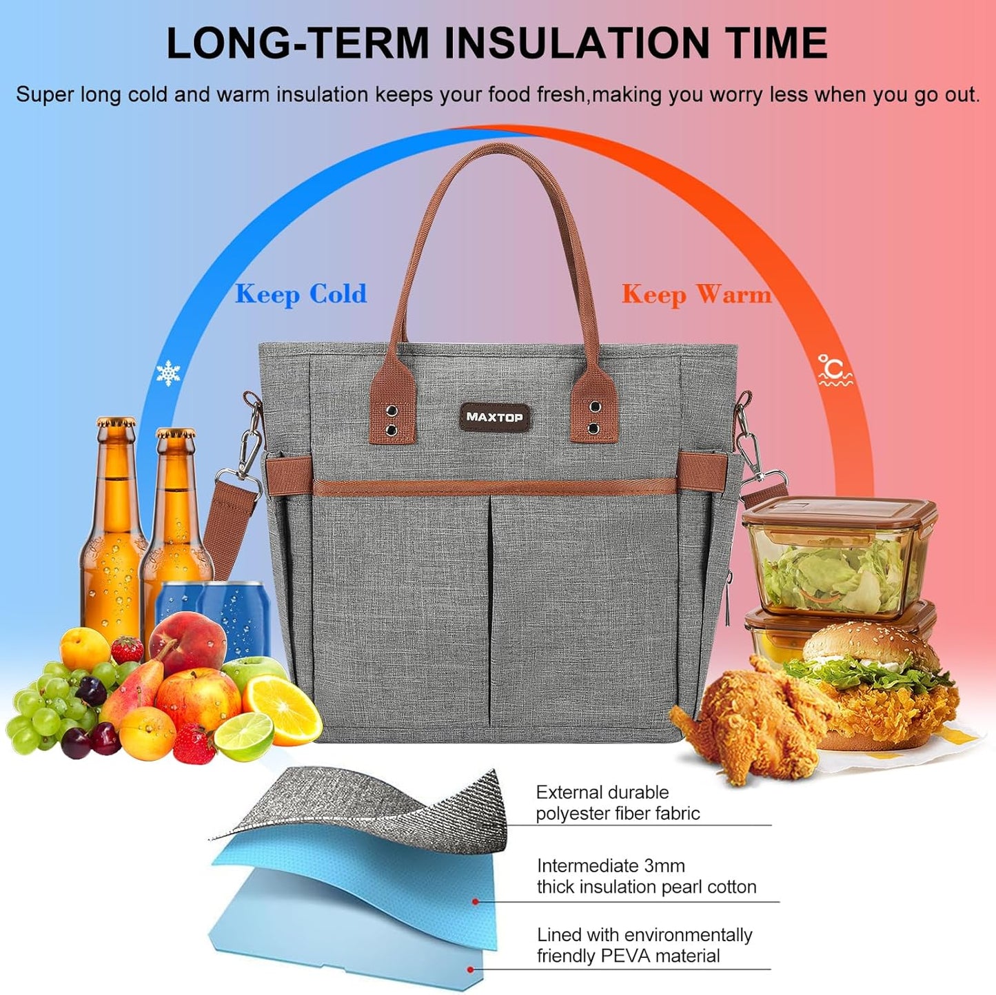 MAXTOP Lunch Bag Women for Work Insulated Thermal Lunch Box for Men with Wide-Open Pocket Reusable Leakproof Cooler Bags with Removable Shoulder Strap for Teacher Nurse Office Picnic Travel Black