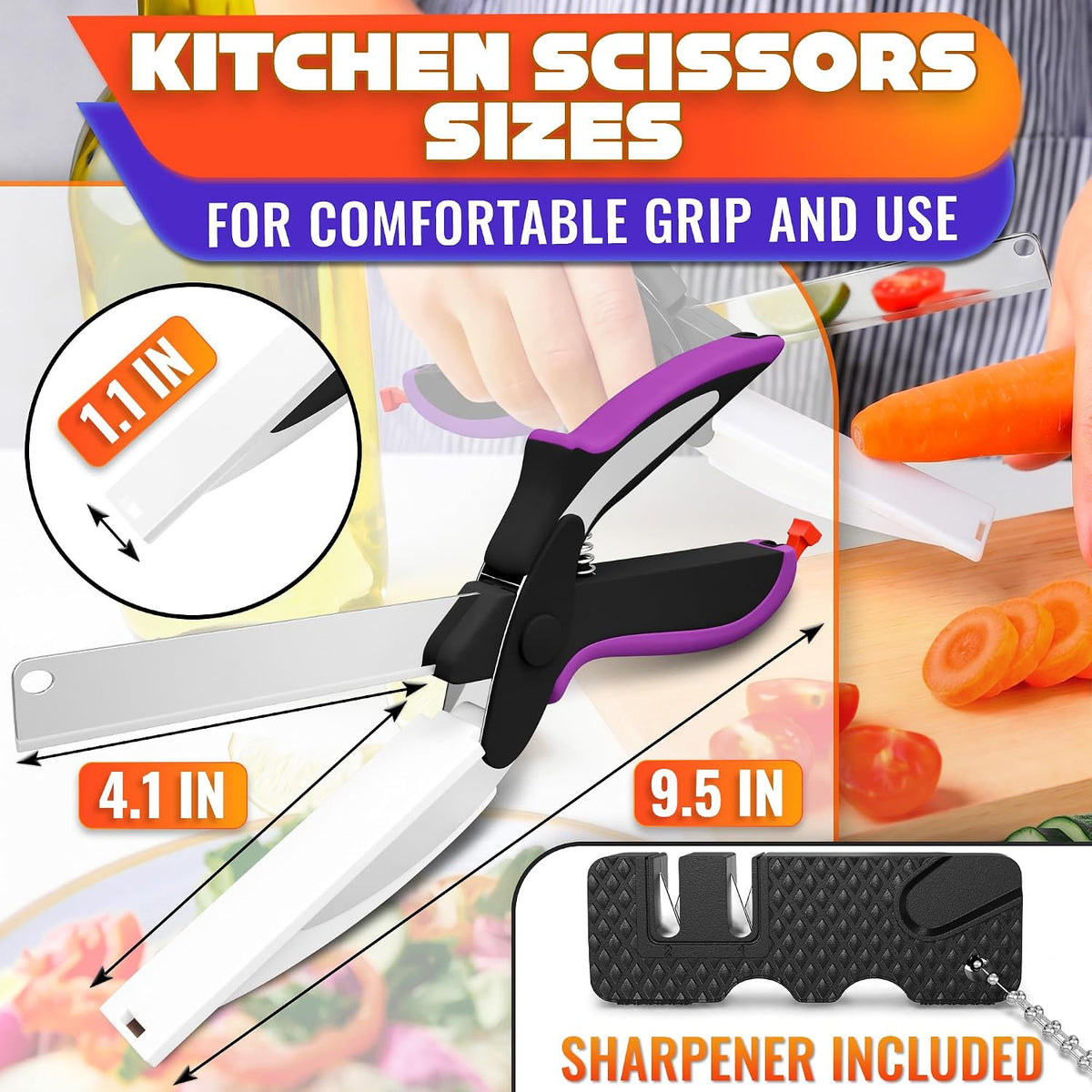 2 in 1 Kitchen Scissors for Food with Knife Sharpener (Grey)
