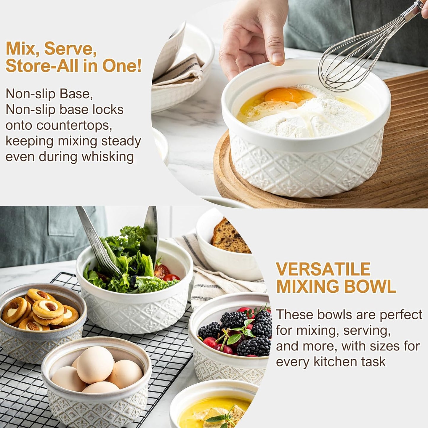 Airtight Food Storage Containers with Lids Mixing Bowls Set, Ceramic Serving Bowls with Lids Set of 4, 12/16/28/40 oz Stackable Nesting Salad Bowls for Cooking, Baking, Ramen - Beige