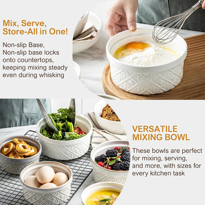 Airtight Food Storage Containers with Lids Mixing Bowls Set, Ceramic Serving Bowls with Lids Set of 4, 12/16/28/40 oz Stackable Nesting Salad Bowls for Cooking, Baking, Ramen - Beige