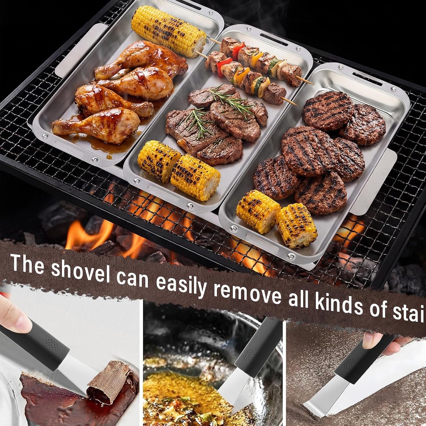 BBQ Vegetable Grill Basket Set, 4 Piece Stainless Steel Grill Pan Set with Universal Handle & lid, Dishwasher Safe, for Outdoor Cooking, Camping, Picnic, For Grilling Fish Veggies & Meats
