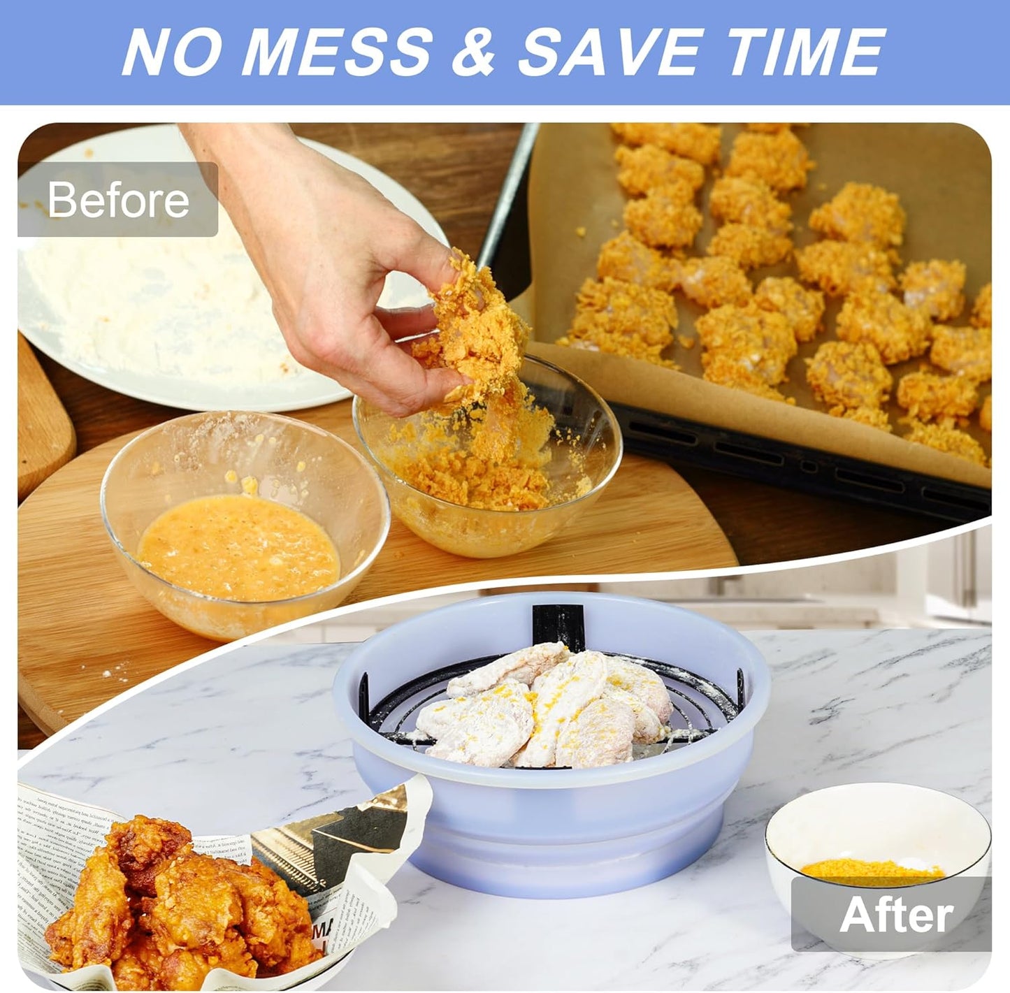 FJNATINH Collapsible Batter Bowl - Mess Free Better Breader Shaker Bowl with Lid Breading Shaker Container for Fried Fish, Fried Chicken, Onion Rings & More,No Leak,Easy to Store,Light Blue