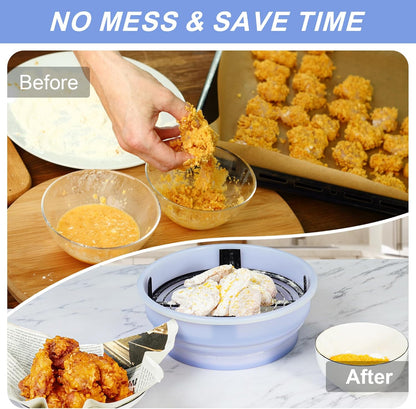 FJNATINH Collapsible Batter Bowl - Mess Free Better Breader Shaker Bowl with Lid Breading Shaker Container for Fried Fish, Fried Chicken, Onion Rings & More,No Leak,Easy to Store,Light Blue