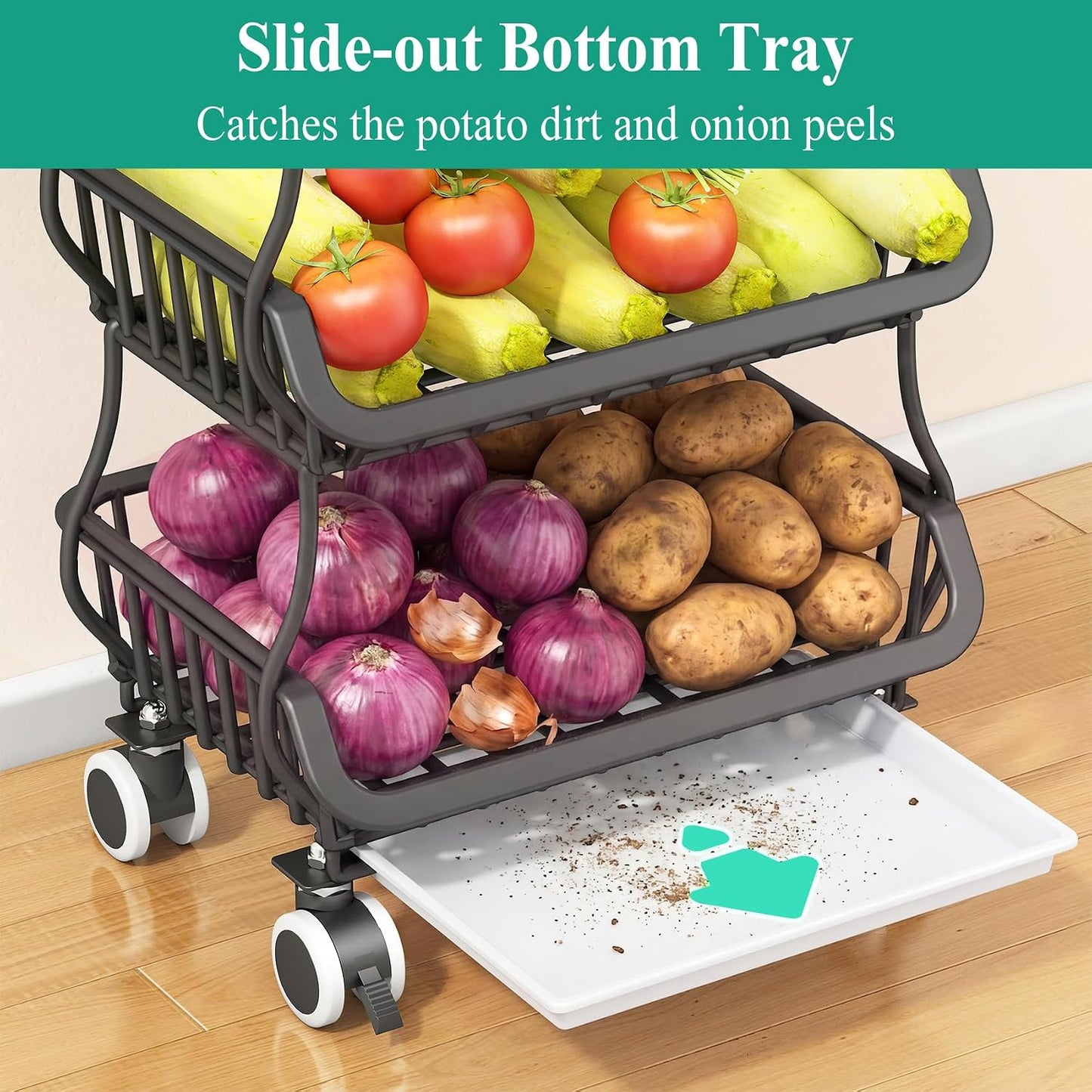 SAYZH Fruit Basket Kitchen Pantry Organizers and Storage - Wooden Top Table, Stackable Metal Wire Basket Stand Cart for Fruit Vegetable Snacks Onion Potato Organization (Black, 5 Tiers)