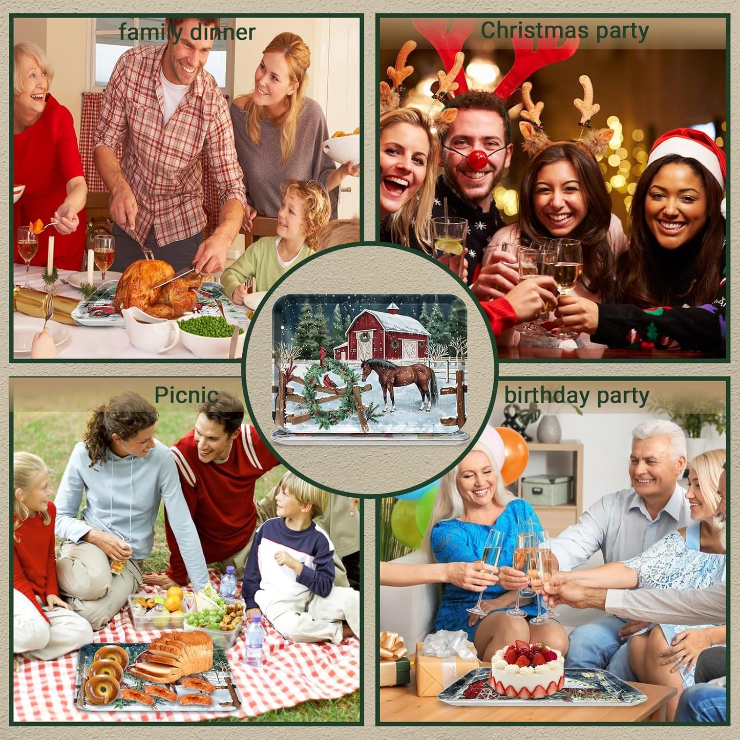 4-Piece 15 x 11 Inch Christmas Serving Tray Set, Melamine Reusable Platters with Red Barns, Snowmen, Horses, and Truck, Holiday Party Snack, Fruit, Dessert, and Candy Dishes