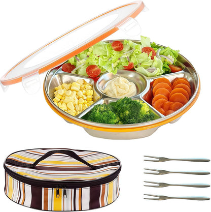 Divided Serving Tray with Lid, Veggie Tray with Lid Stainless Steel 6 Compartments Vegetable and 4 Forks Set for Party Platter, Vegetable Relish Fruit Tray, Snackle Box