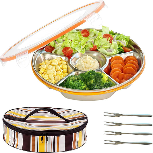 Divided Serving Tray with Lid, Veggie Tray with Lid Stainless Steel 6 Compartments Vegetable and 4 Forks Set for Party Platter, Vegetable Relish Fruit Tray, Snackle Box