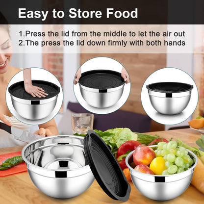 E-far Mixing Bowls With Lids Sets of 5, 10-Piece Stainless Steel Salad Metal Nesting Bowl for Baking Cooking and Prepping, Airtight Lid & Stackable Design, Size 4.6, 3, 2.1, 1.5, 0.7 QT, Black