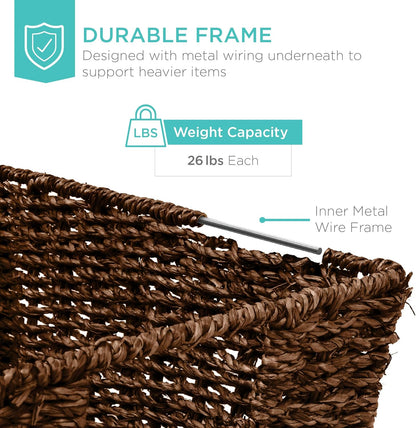 Best Choice Products Rustic Set Of 4 Multipurpose Stackable Seagrass Storage Basket, Handwoven Laundry Organizer Totes for Bedroom and Living Room, Shelves, Pantry w/Insert Handles - Natural