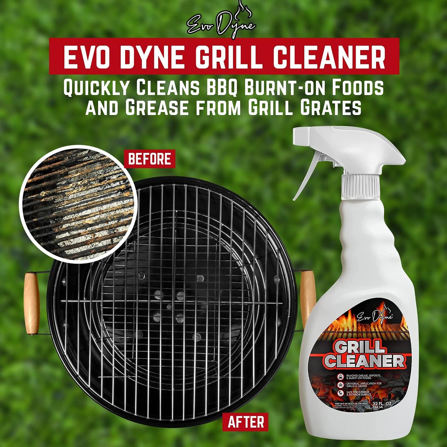 Evo Dyne Grill Cleaner Spray (32 oz), Made in USA - Quickly Cleans BBQ Burnt-on Foods and Grease from Grill Grates - Heavy Duty, Fast-Acting Formula, Less Scrubbing - Food Safe Grill & Oven Degreaser