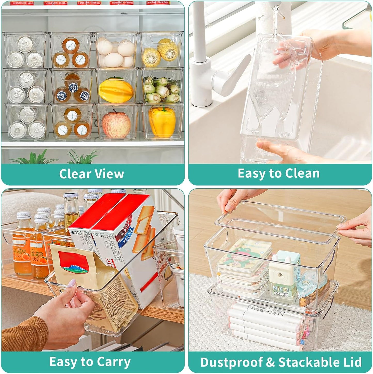6 Pack Small Clear Storage Bins with Lids, Acrylic Arts and Craft Storage Containers, Stackable Clear Plastic Craft Storage Bins with Handles for Pantry Organizers and Storage, Kitchen, Fridge, Office