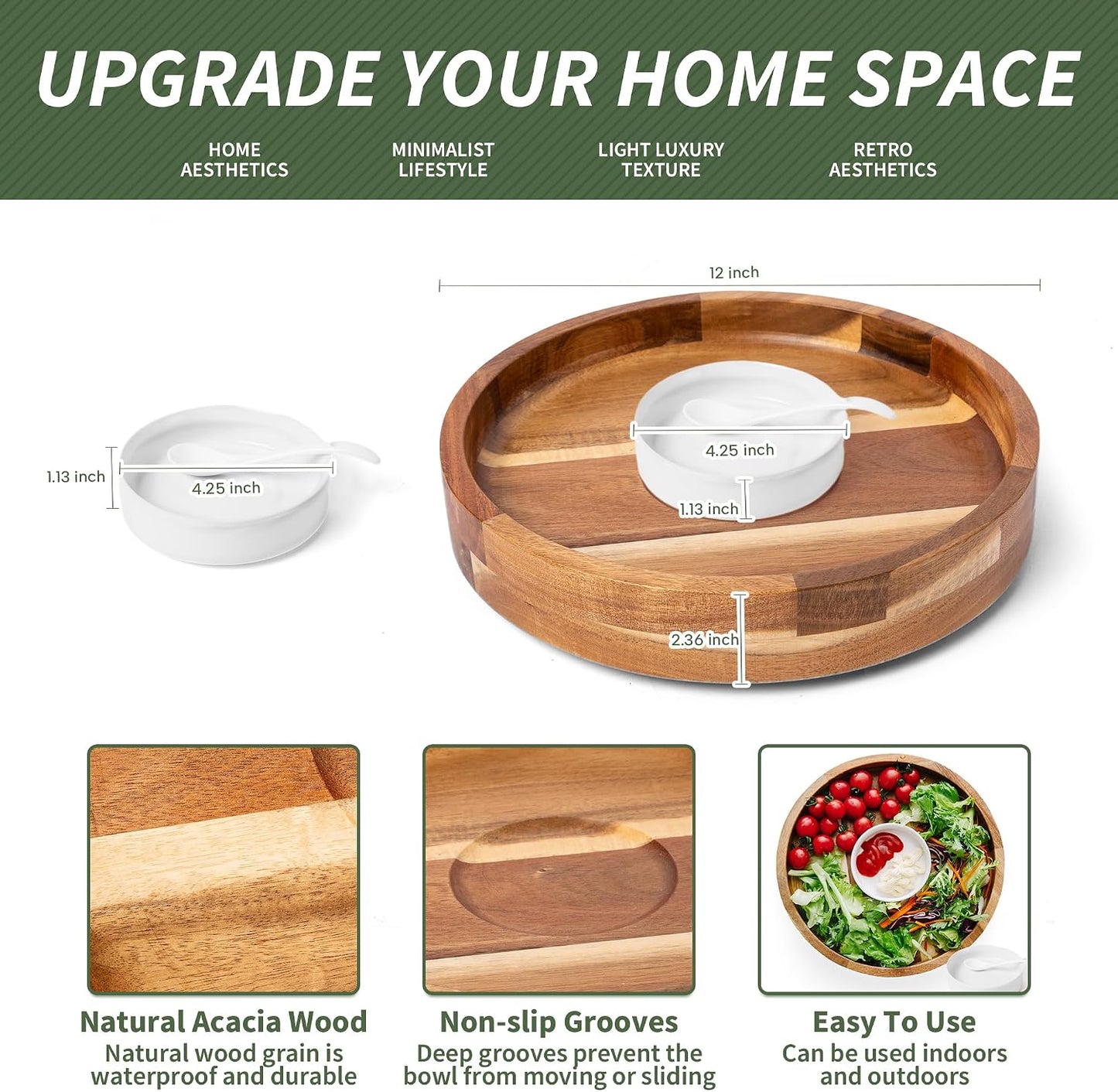 Defined Deco12in Serving Tray and Platters, Acacia Wood chip & dip Sets for Party, 360° Rotatable Serving Dishes for Chips and Dip, Fruit,Veggies, Candy and Snack, (Including 2X Dip Bowls, 1 Spoon)