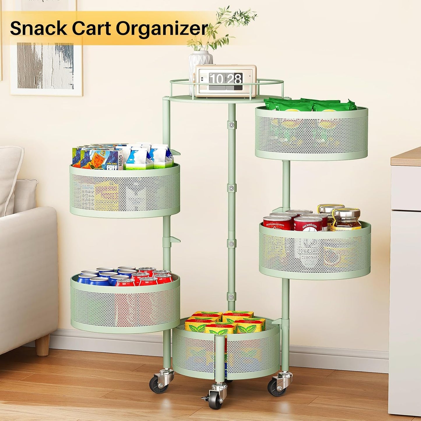 SNTD Fruit and Vegetable Basket Bowls for Kitchen with Metal Top Lid, 5 Tier Rotating Storage Rack Cart for Potato Onion Bread Banana, Wire Basket Organizer on Wheels, Large, Black