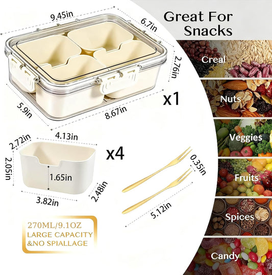 Snackle Box Container, Portable Snack Containers with Lids for Candy, Fruits, Nuts, Veggies, Snacks (White(2 Pack-4 Compartments))