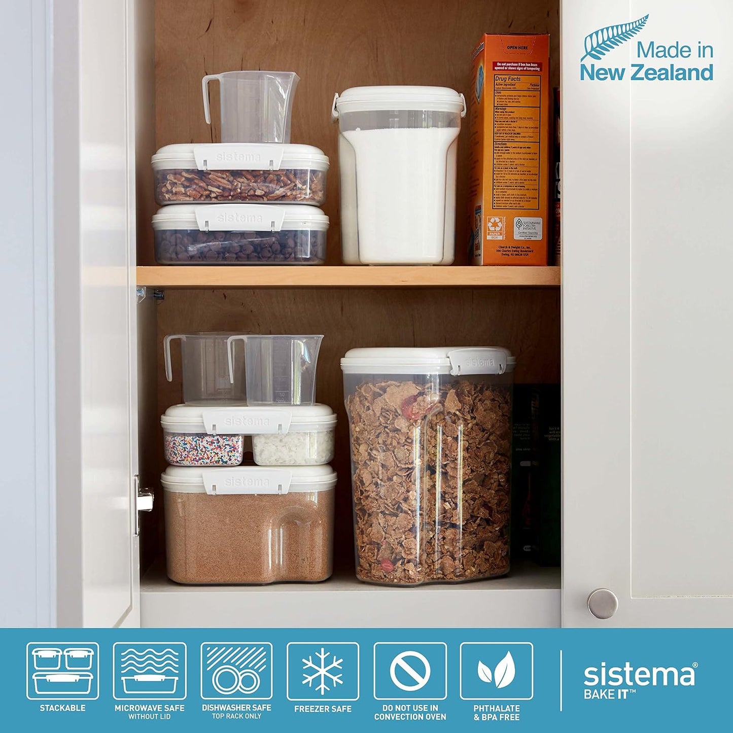 Sistema Flour and Sugar Storage Containers for Pantry with Lids and Measuring Cup, Dishwasher Safe, 13.7-Cup, White