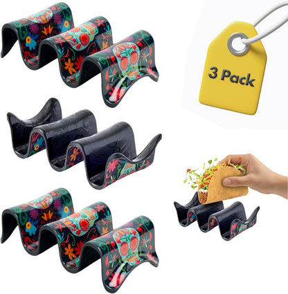 Prepara Taco Holder, Day of the Dead Design - Decorative Soft/Hard Shell Stand, Durable Melamine Food Organizer for Día de los Muertos, Festive Serveware for Taco Nights & Restaurant Use (3-Pack)
