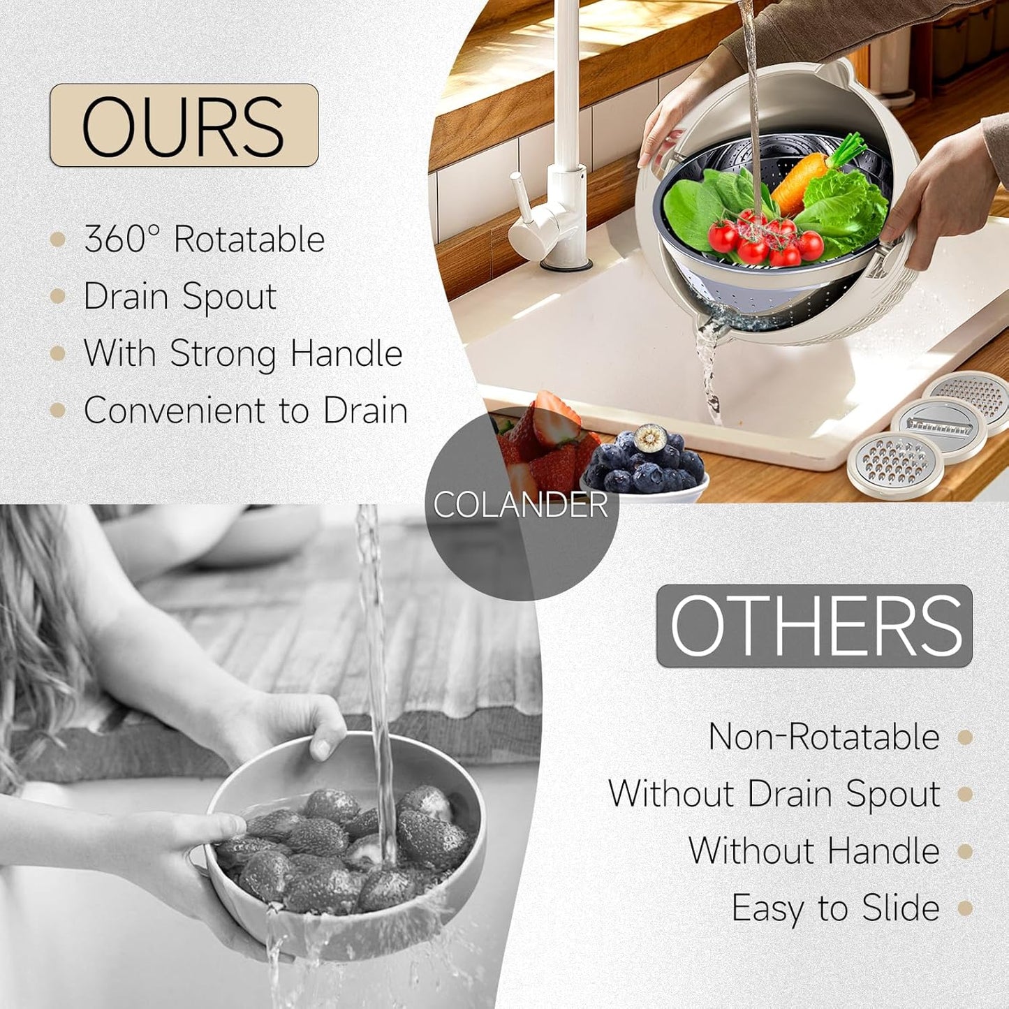 4-1 Colander with Bowl & Spoons Set - Rotatable Colander for kitchen with New Upgraded Graters, Food Strainer(Patented) for Pasta, Fruits, Vegetables, Funny Presents for Women, Beige