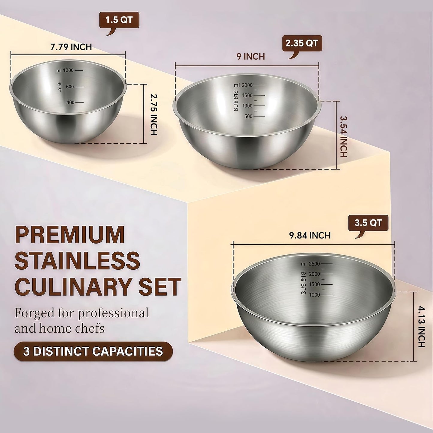 Stainless Steel Mixing Bowls Set of 3, 1.5/2.5/4 Qt Metal Mixing Bowls with Measurement Marks, Nesting Stainless Steel Bowl Set, Dishwasher Safe Stackable Kitchen Bowls for Baking, Salad & Meal Prep