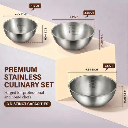 Stainless Steel Mixing Bowls Set of 3, 1.5/2.5/4 Qt Metal Mixing Bowls with Measurement Marks, Nesting Stainless Steel Bowl Set, Dishwasher Safe Stackable Kitchen Bowls for Baking, Salad & Meal Prep