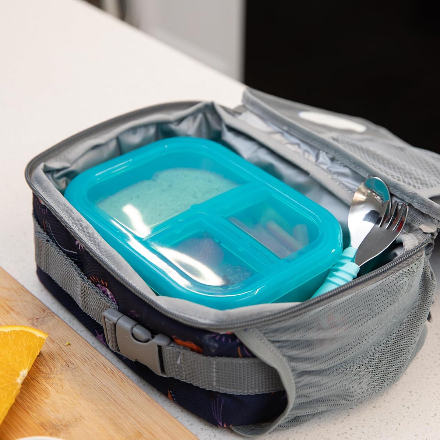 Bumkins Snack/Lunch Bento Box for Kids and Adults, 3 Compartment Container, Leak Proof Lid, for Portioning, Large Section Can Hold Sandwich, Food-Safe LFGB Platinum Silicone, Microwave-Safe, Pink