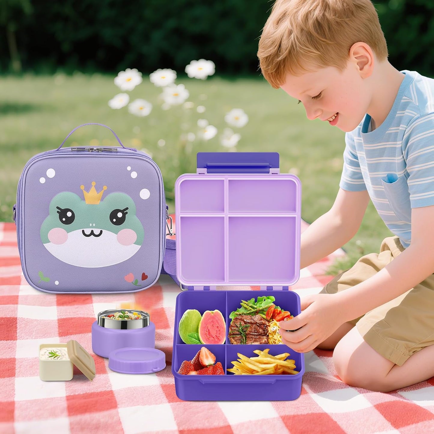 Kids Bento Lunch Box with Thermo, Include 9oz Soup Thermo, Kids Leakproof Lunch Box with 4 Compartment, Insulated Lunch Bag for Girls Boys to School Travel