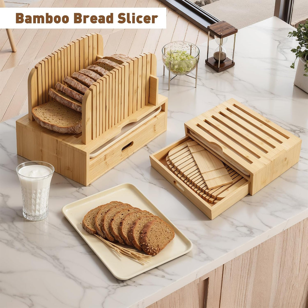 Bamboo Bread Slicer for Homemade Bread Adjustable Width Slicing Guides, Compact Loaf Cutter for Perfect Slices