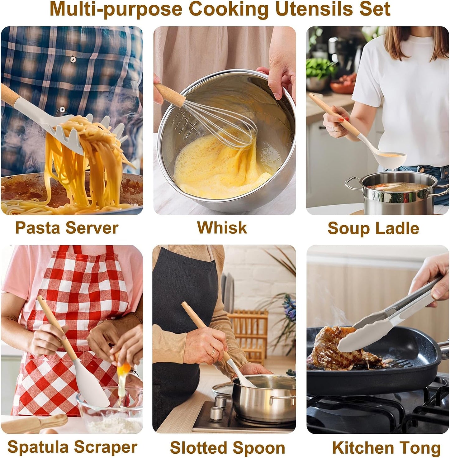 LIANYU 15 PCS Silicone Kitchen Utensils Set with Holder, Cooking Utensils set for Nonstick Cookware, Heat Resistant & Non Toxic Spatula Ladle Tong, White