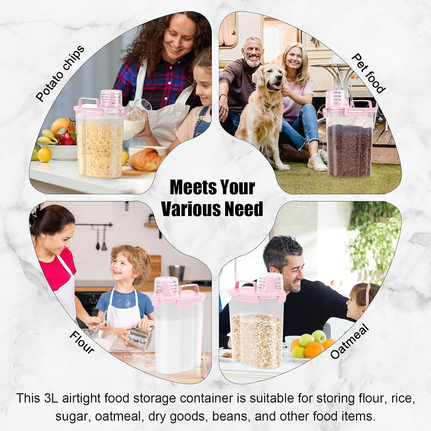 LEAWALK Airtight Rice Storage Container, 3-5Lbs Cereal Dry Food Flour Bin, Pet Dog Cat Food Dispenser with Measuring Cup, BPA Free Plastic Kitchen and Pantry Organization Bin for Sugar-Clear Grey