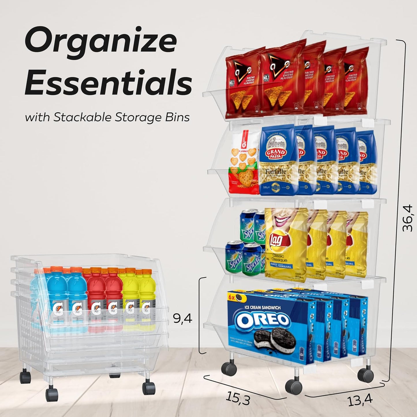 Large Stackable Storage Bins Open Front with Wheels, 4 Pack - Clear | Easy Assembly, Sturdy Plastic, Open Front Access, Smooth Rolling Wheels, Stackable, Large Capacity Storage