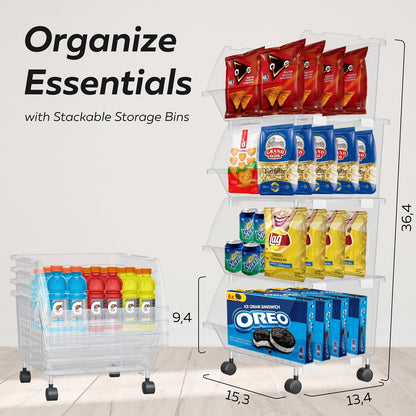 Large Stackable Storage Bins Open Front with Wheels, 4 Pack - Clear | Easy Assembly, Sturdy Plastic, Open Front Access, Smooth Rolling Wheels, Stackable, Large Capacity Storage