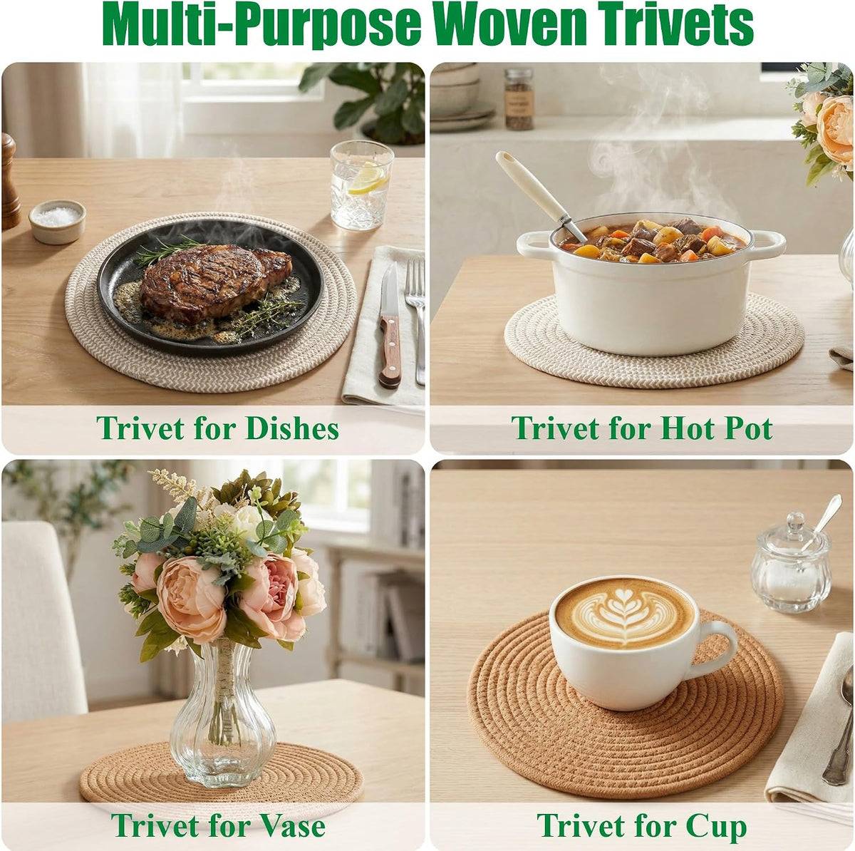Large Trivets for Hot Dishes, Pots and Pans, Hot Pads 10 Inches 6 Pcs, Pot Holders for Kitchen, Heat Resistant Mats Protect Countertops, Kitchen Essentials Farmhouse Decor (Mix Brown)