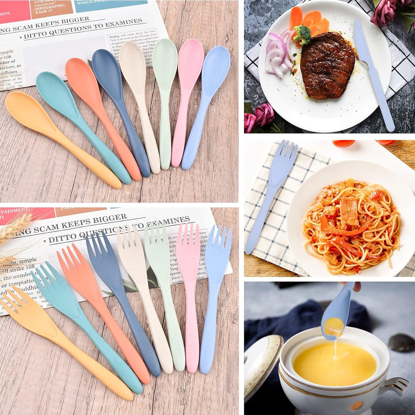 2 Sets Reusable Utensil Set with Case, Portable Plastic Spoons Fork Knife Camping Utensils for Lunch Box Accessories for Kids Adults Travel Picnic Camping Daily Use(Blue, Black)