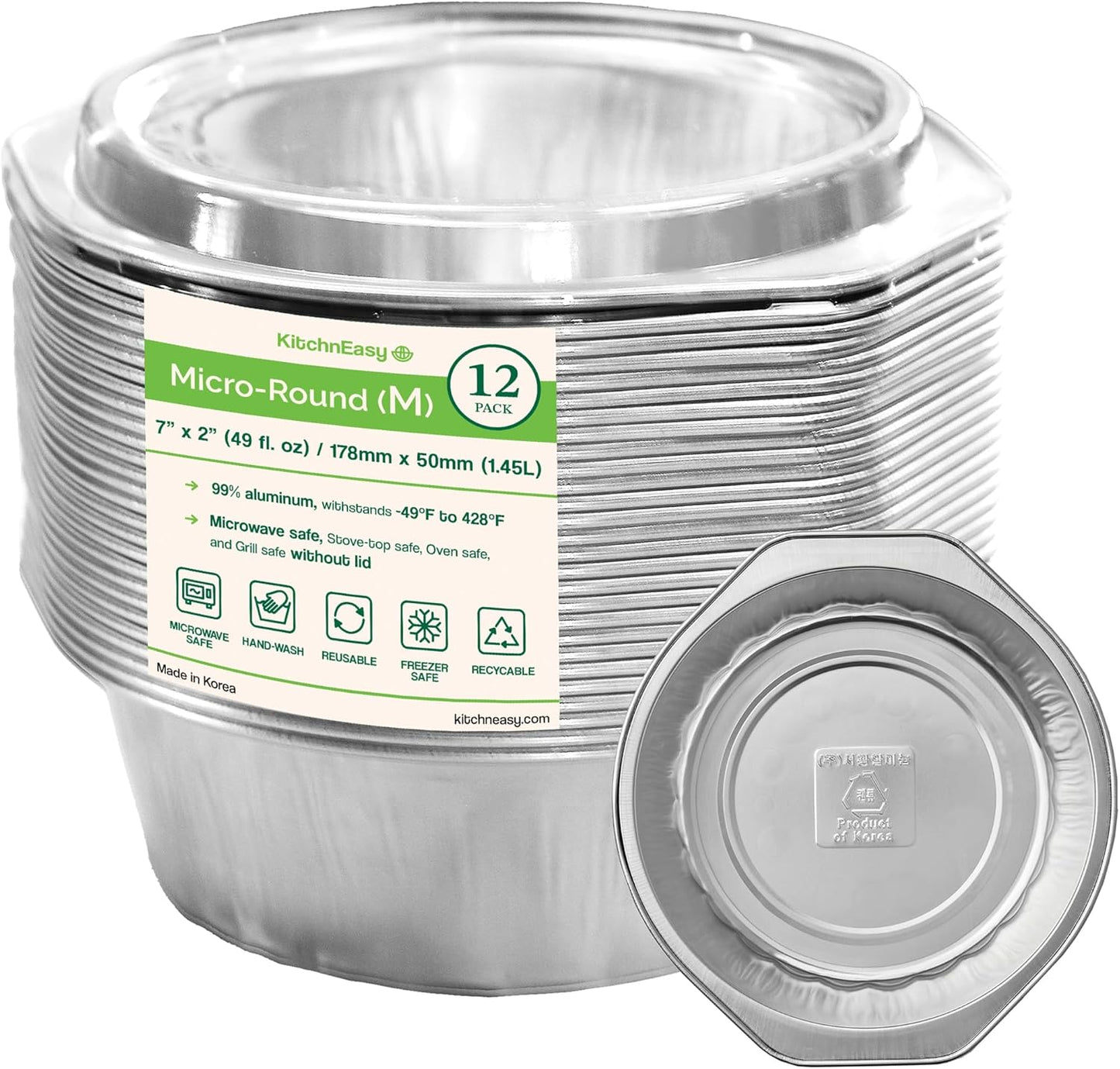 7" Round Aluminum Pans +Lids | 49oz, 7"x2" | 3X Thick, Reusable | Microwave, Oven, Air Fryer, and Grill Safe| Ideal for Camping, Lunch Box, and Meal Prep | For Pasta, Mac and Cheese, and Lasagna (24)