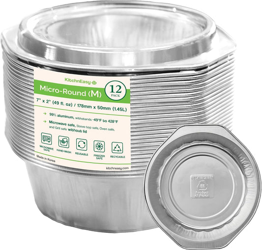 7" Round Aluminum Pans +Lids | 49oz, 7"x2" | 3X Thick, Reusable | Microwave, Oven, Air Fryer, and Grill Safe| Ideal for Camping, Lunch Box, and Meal Prep | For Pasta, Mac and Cheese, and Lasagna (24)