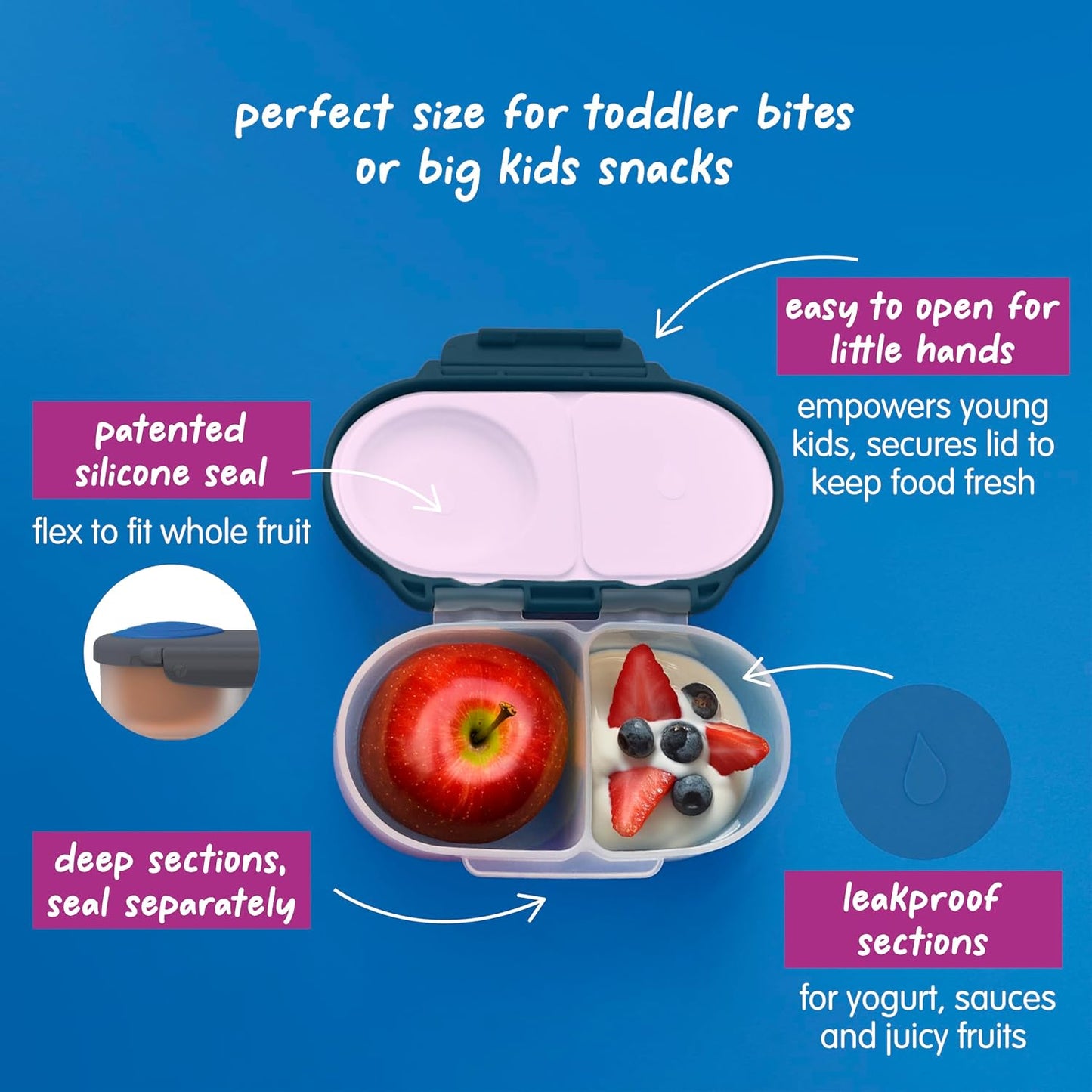 b.box Snack Box 2-Pack - Leak Proof Mini Bento Box for Kids & Toddlers, 2 Compartment Snack Containers for Kids, Dishwasher Safe, BPA-Free, PFAS-Free, Ages 4mo+, 1 3/4 Cup Each (Strawberry + Lilac)