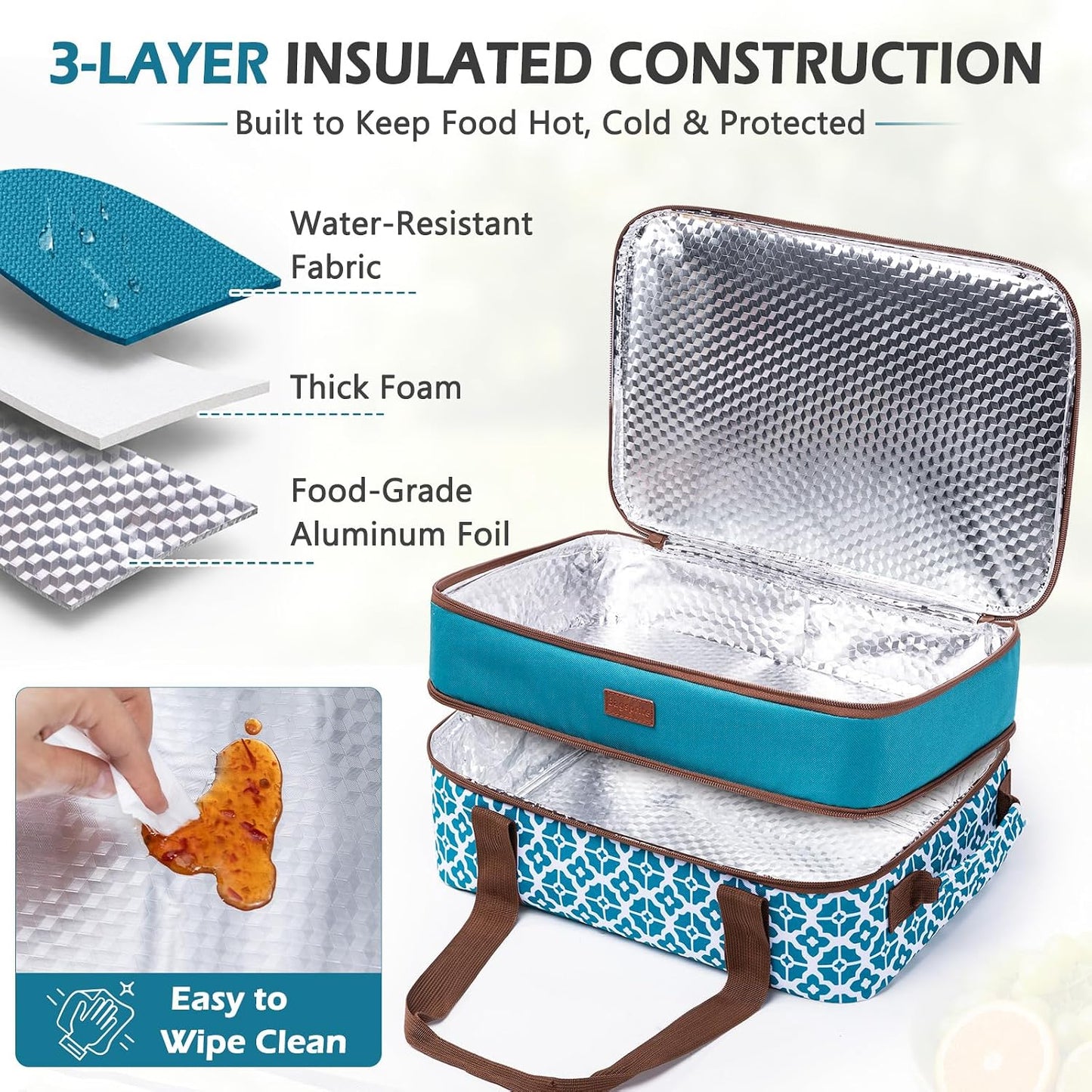 Double Layer Insulated Casserole Carrier, Fits 9" x 13" Baking Dish, Food Transport Carrier with Utensil Pocket for Hot & Cold Dishes, Reusable Potluck Tote for Thanksgiving, Parties&Family Gatherings