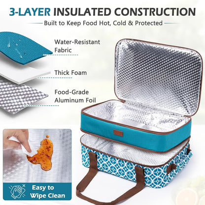 Double Layer Insulated Casserole Carrier, Fits 9" x 13" Baking Dish, Food Transport Carrier with Utensil Pocket for Hot & Cold Dishes, Reusable Potluck Tote for Thanksgiving, Parties&Family Gatherings
