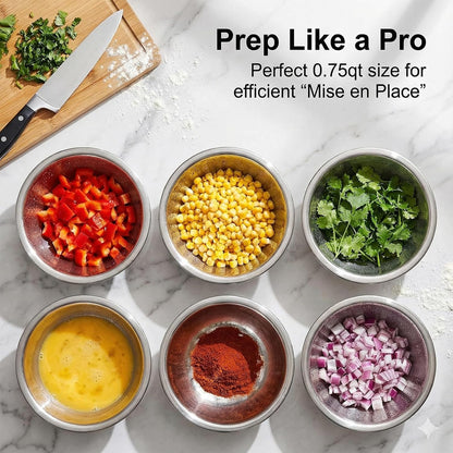 10 PCS Small Stainless Steel Bowls, 3/4 Quart Prep Bowls with Flat Base, 6 1/2 Inch Wide Metal Bowl for Kitchen Prep Cooking Baking Serving Mixing Cereal