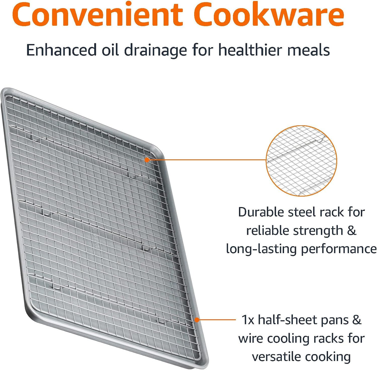 Amazon Basics Ceramic Nonstick Baking Sheets & Cooling Rack Set, Dishwasher Safe, Oven Safe, Half Sheet Size, Gray