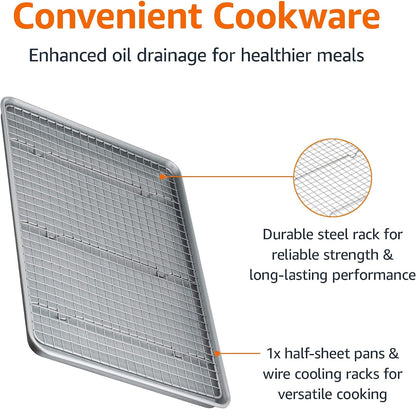 Amazon Basics Ceramic Nonstick Baking Sheets & Cooling Rack Set, Dishwasher Safe, Oven Safe, Half Sheet Size, Gray