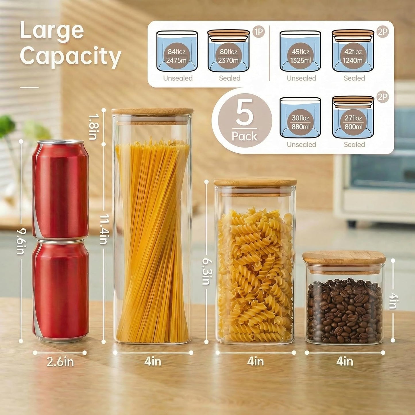 Extra Large Square Glass Flour & Sugar Storage Containers with Airtight Lids, 168 floz - 2 Pack Glass Jars with Bamboo Lids for Pantry, Air tight Food Storage Containers for Cereal, Pasta, Rice
