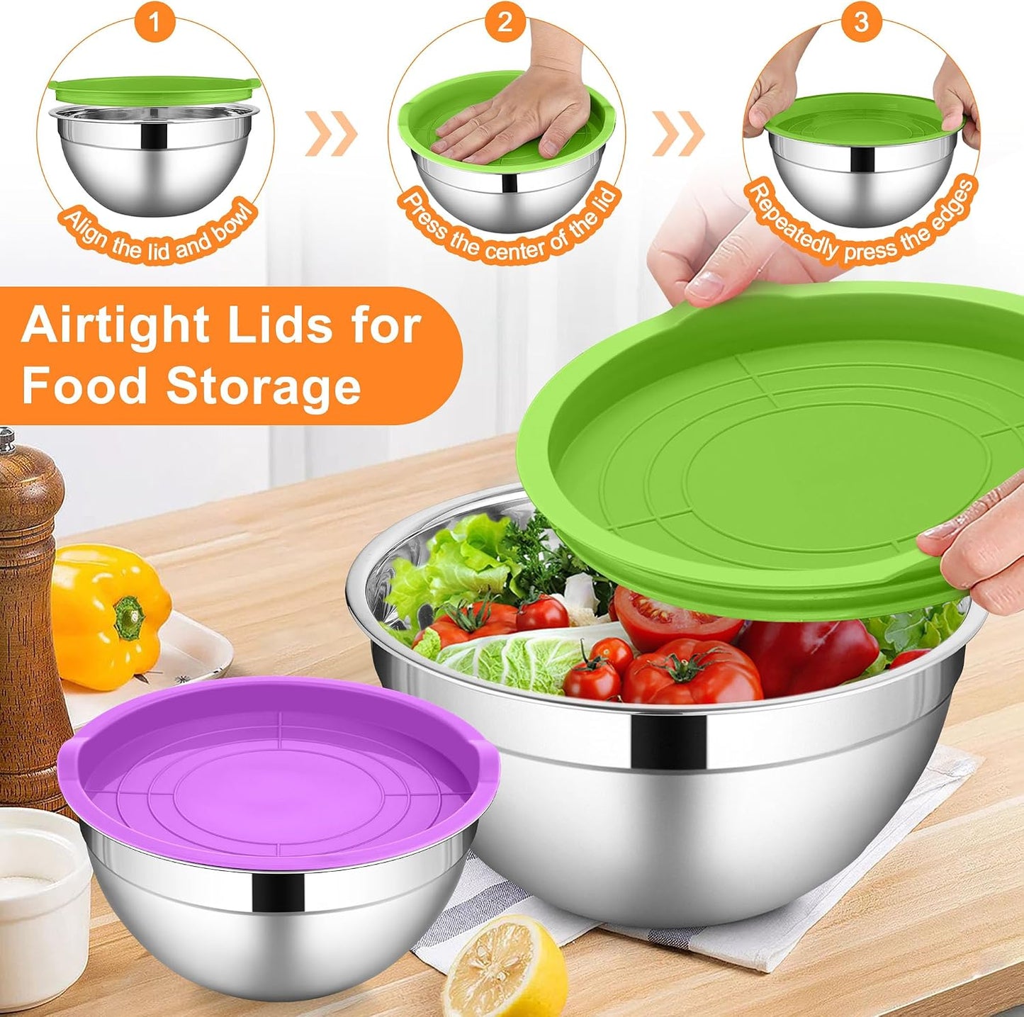 LIANYU Stainless Steel Mixing Bowls Sets of 6, Large 7, 3.5, 2.5, 2, 1.5, 1QT Size with Transparent Airtight Lids, Metal Nesting Serving Bowl Sets for Home Kitchen, Dishwasher & Freezer Safe, Black