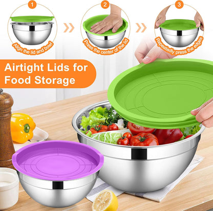 LIANYU Stainless Steel Mixing Bowls Sets of 6, Large 7, 3.5, 2.5, 2, 1.5, 1QT Size with Transparent Airtight Lids, Metal Nesting Serving Bowl Sets for Home Kitchen, Dishwasher & Freezer Safe, Black