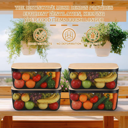 Sawysine 4 Pcs Metal Mesh Steel Basket with Handles and Bamboo Lids 16 x 9.8 '' Stackable Black Wire Basket Pantry Organization and Storage for Cabinets Shelves Kitchen Harvest