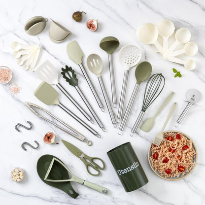 COOK WITH COLOR Silicone Cooking Utensils, Kitchen Utensil Set, Easy to Clean Silicone Kitchen Utensils, Cooking Utensils for Nonstick Cookware, Kitchen Gadgets Set, 38 Piece, Mint