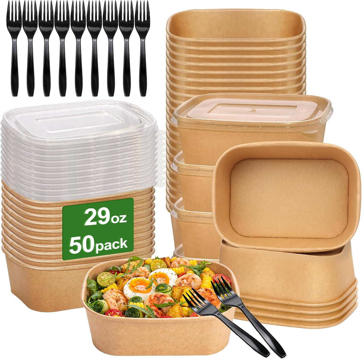 50 Pack 29oz Disposable Meal Prep Containers with Lids and Forks, Microwave and Freezer Safe Kraft Paper Bowls for Salad Noodles, Take Out Containers for Hot/Cold Food