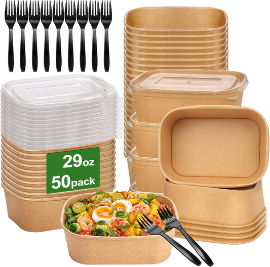 50 Pack 29oz Disposable Meal Prep Containers with Lids and Forks, Microwave and Freezer Safe Kraft Paper Bowls for Salad Noodles, Take Out Containers for Hot/Cold Food
