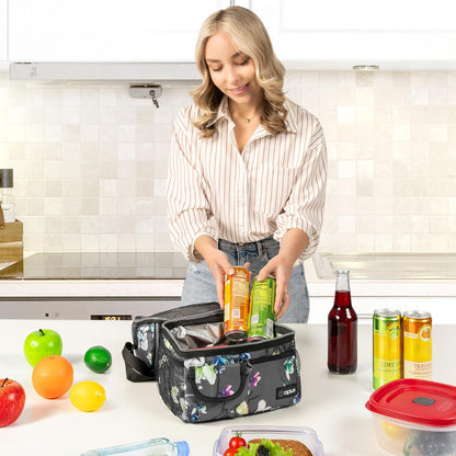 opux Insulated Lunch Bag Women Men, Dual Compartment Leakproof Lunch Box Adults Kids, Double Decker Meal Prep Bento Lunch Cooler Tote with Shoulder Strap for Work Office School Travel, Floral Purple