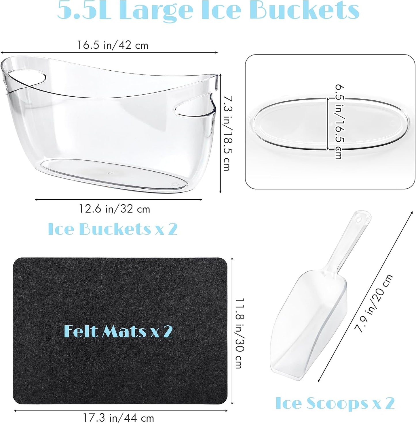 Kochorie 2 Pack Ice Buckets for Parties 5.5L Large Clear Acrylic Beverage Tubs with 2 Scoops 2 Felt Mats, Champagne Buckets Tub for Beer Drinks Mimosa Cocktail Bar Supplies Outdoor Events