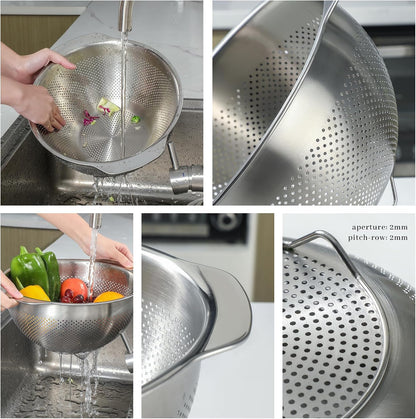 18/8 Stainless Steel Microwell Colander, 3.5QT Large Capacity with Handle Kitchen Food Strainer Basket for Washing Vegetables, Fruits, Rice, and Pasta (primary colour, 3.5QTColander+3.5QT Mixing bowl)